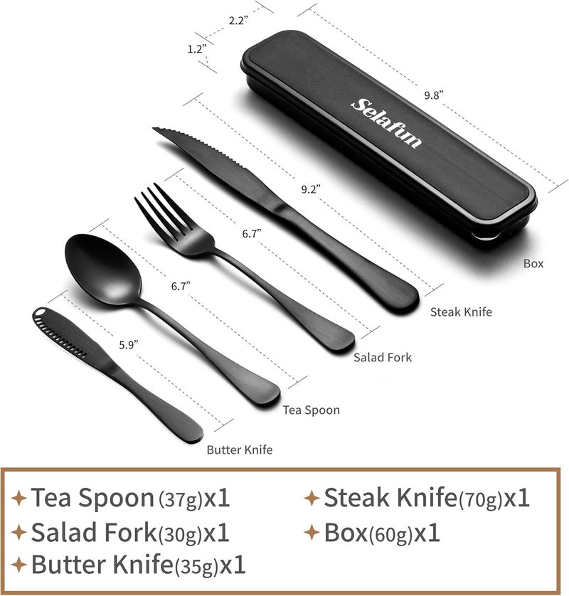 Selafun 5-pieces Travel Set with Case Portable Silverware Utensils Set for work, Stainless Steel Reusable Flatware Set Cutlery Set for Camping Picnic Hiking Office, (matte black, 5.9) - Image 2